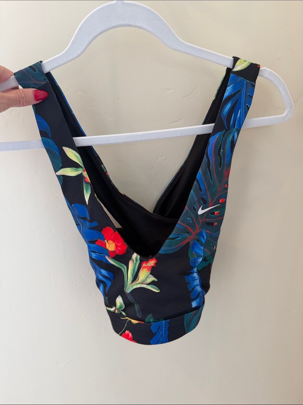 Nike Black Floral V-Back Sports Bra with Blue & Red Accents, limited addition